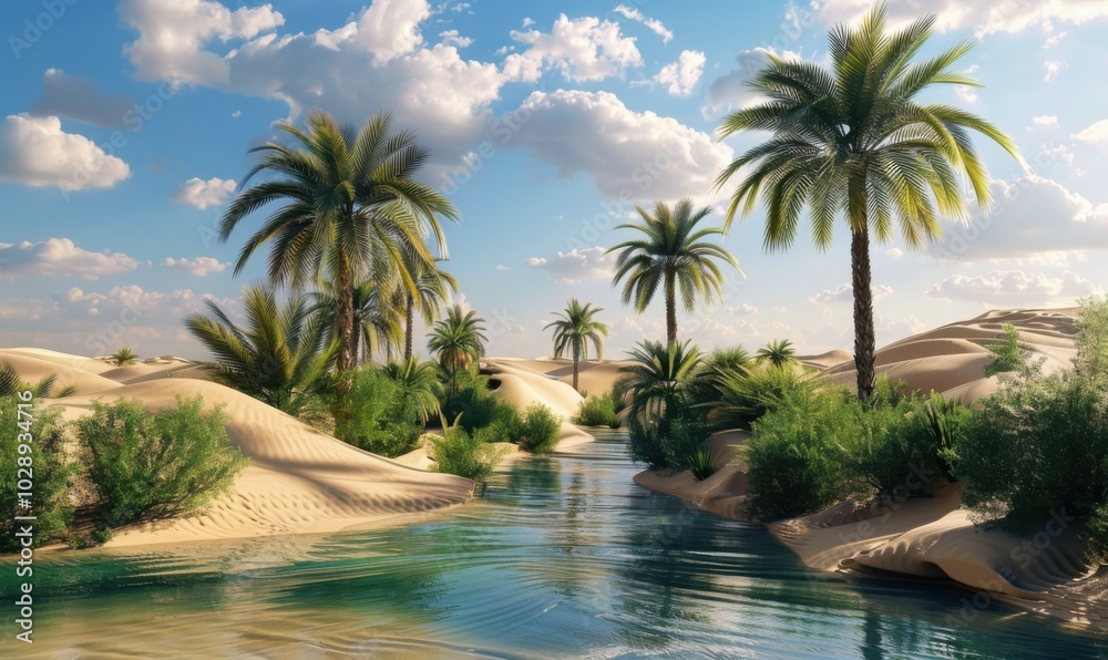 Desert oasis with palm trees and sand dunes, 4K hyperrealistic photo Desert oasis with palm trees and sand dunes, 4K hyperrealistic photo