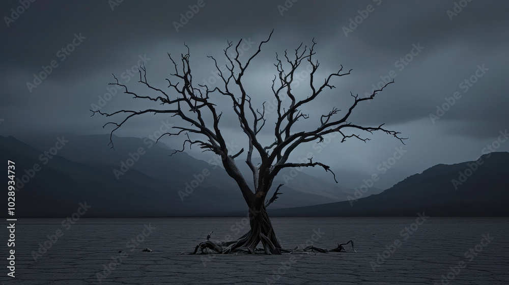 solitary tree stands in vast, empty landscape under moody sky, evoking sense of isolation and tranquility. stark branches reach out against dark backdrop, creating dramatic scene solitary tree stands in vast, empty landscape under moody sky, evoking sense of isolation and tranquility. stark branches reach out against dark backdrop, creating dramatic scene