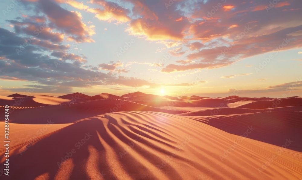 Desert sunset casting long shadows over sand dunes, 4K hyperrealistic photo Desert sunset casting long shadows over sand dunes, 4K hyperrealistic photo