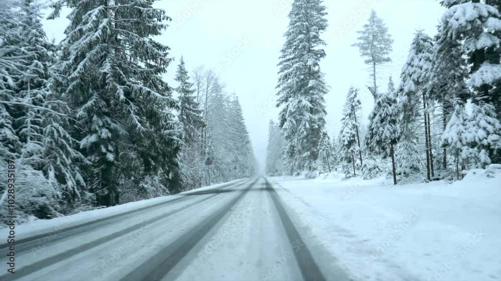 The car is driving through a winter forest, there is a lot of snow, trees, it is snowing, it is cold The car is driving through a winter forest, there is a lot of snow, trees, it is snowing, it is cold