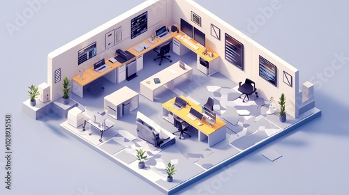 A modular isometric design of a tech-savvy office, where desks, computers, and furniture are all interchangeable, creating a dynamic and customizable workspace with scalable components 