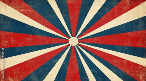 A dynamic sunburst design featuring red, white, and blue rays, spreading from the center in a retro abstract pattern, with a slight vintage texture.