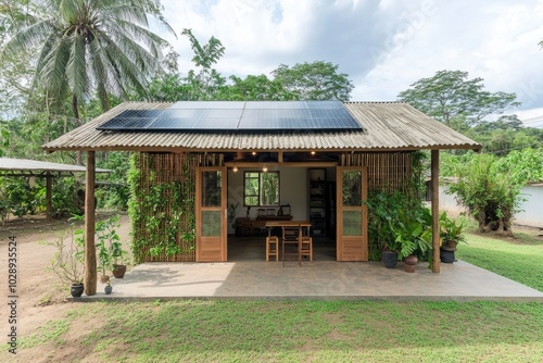 Fotografía de una casa unifamiliar diseñada con materiales sostenibles, destacando una fachada con paneles solares y un jardín vertical que cubre una pared lateral. El entorno natural y la luz solar q