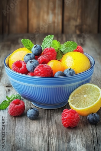 Un cóctel vibrante servido en una elegante copa de cóctel, decorada con rodajas de limón, fresas y hojas de menta fresca. La bebida presenta un color azul brillante y está dispuesta sobre una mesa de  photo