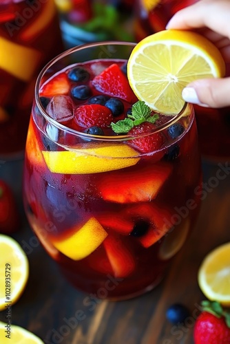 Un cóctel vibrante servido en una elegante copa de cóctel, decorada con rodajas de limón, fresas y hojas de menta fresca. La bebida presenta un color azul brillante y está dispuesta sobre una mesa de  photo