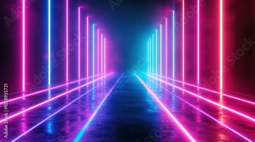 A futuristic neon stage with laser-like rays of light reaching the horizon, the empty space glowing with vibrant, electric colors.