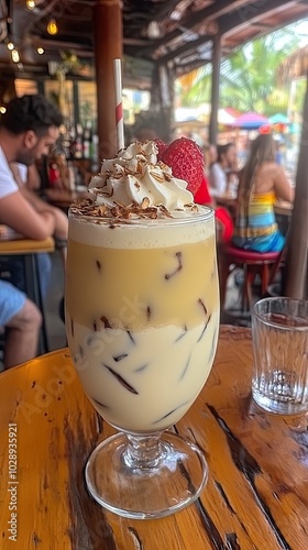 Un cóctel de piña colada servido en una cúpula, decorado con una colorida sombrilla de papel y un toque de coco rallado en la parte superior. La bebida presenta una rodaja de piña en el borde, agregan photo