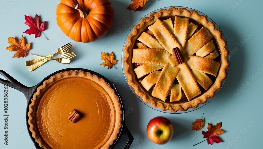 Pumpkin pie and apple pie in cast iron skillet on pastel blue background viewed from top Thanksgiving Day traditional desserts background, traditional autumn and winter cozy created with generative ai Pumpkin pie and apple pie in cast iron skillet on pastel blue background viewed from top Thanksgiving Day traditional desserts background, traditional autumn and winter cozy created with generative ai