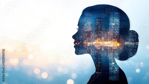 A silhouette of a woman looking out from an apartment window, city lights and skyscrapers reflecting on the glass at night