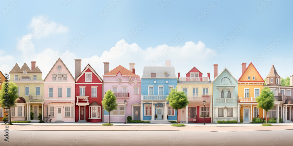 Panorama of a city street, sunny summer day. Multicolored bright cheerful houses, townhouses in the town. Panorama of a city street, sunny summer day. Multicolored bright cheerful houses, townhouses in the town.