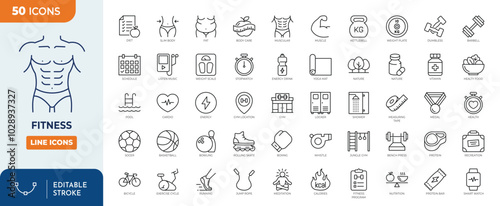 Fitness icon set. Fitness icon set containing types of physical activity, proper nutrition, and sports equipment, and more. Outline Icon Collection. Vector illustration. Editable stroke	