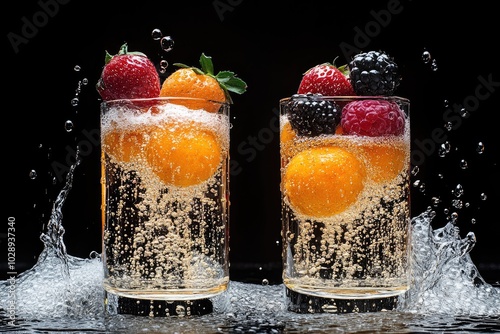 Una copa de champán llena de burbujas brillantes, elegantemente decorada con fresas y frambuesas flotando en el líquido espumoso. El fondo presenta un ambiente cómodo, con luces suaves que añaden un t photo