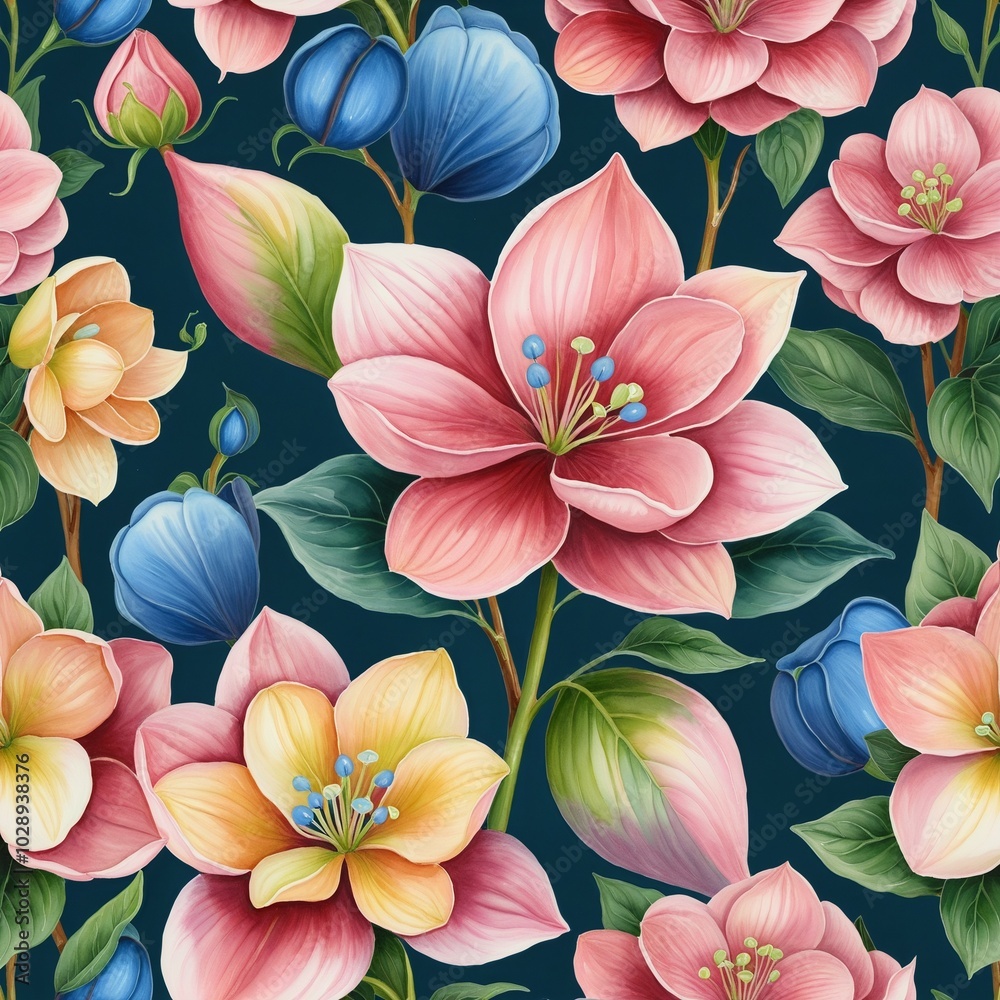 Fototapeta premium Blooming Flora: A Vibrant Bouquet of Spring Blooms - Illustration, Gift Card Design