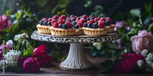 Delicious Berry Tarts on a White Cake Stand