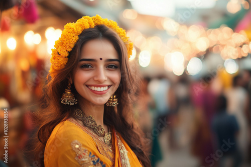 A young pretty Indian woman in a yellow traditional outfit with a blurred outdoor background. photo