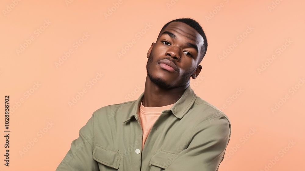 Confident young man in a green jacket, posing against a soft peach background. Confident young man in a green jacket, posing against a soft peach background.