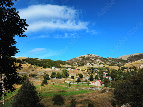 View of village Dolovi, Montenegro, showing traditional stone houses with red roofs, green fields, and surrounding hills under bright blue sky with clouds. Ideal for rural tourism promotions or travel photo