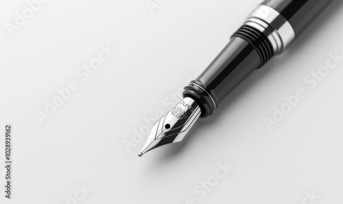 Classic black fountain pen, white background, 4K hyperrealistic photo