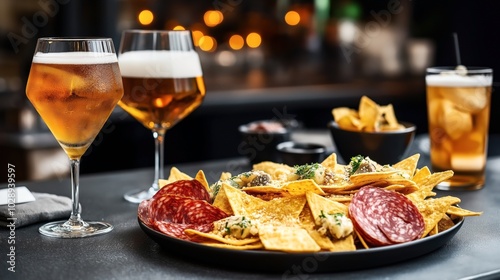 Close-up of a platter with nachos, salami, and cheese served on a bar counter with cocktails and beer in glasses, creating a lively atmosphere.