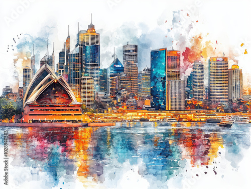 Watercolor Painting of Sydney Skyline with Opera House