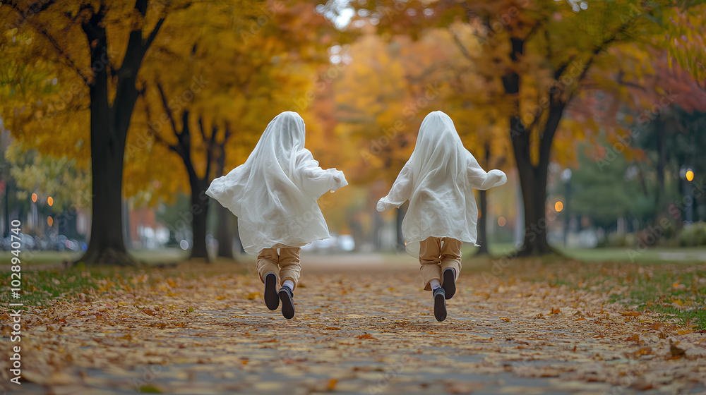 Fototapeta premium Two children dressed as ghosts run through a park during autumn.