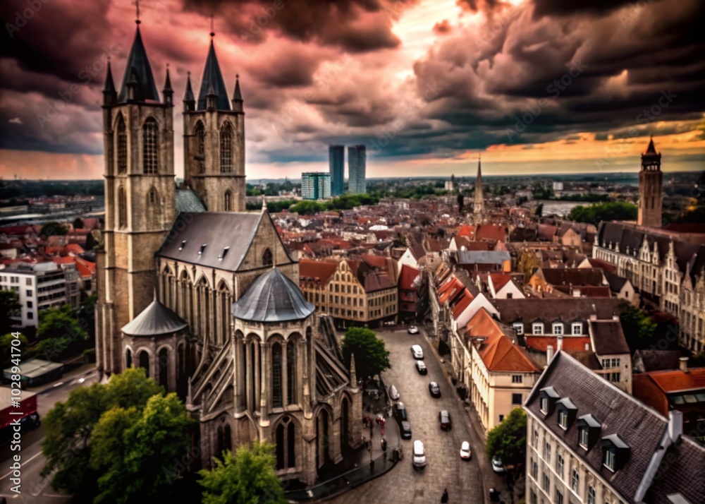 Fototapeta premium Ghent Belgium Time Lapse Skyline at Saint Bavo's Cathedral - Captivating High Angle View Photography