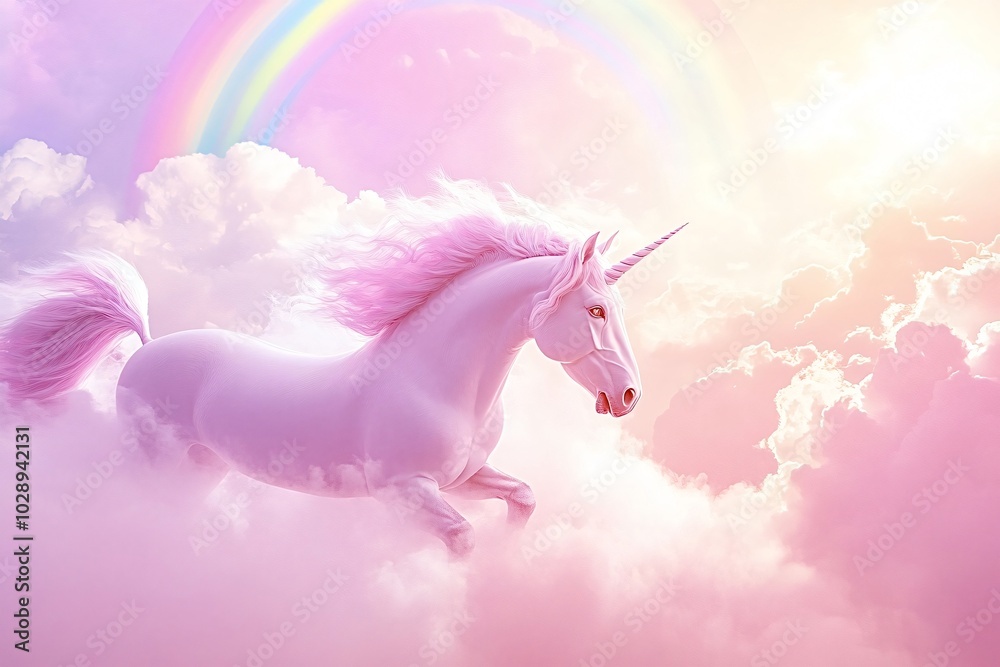 Pink unicorn running through the clouds with a rainbow behind it. This image is perfect for anyone who loves unicorns or wants to add a touch of magic to their project Pink unicorn running through the clouds with a rainbow behind it. This image is perfect for anyone who loves unicorns or wants to add a touch of magic to their project