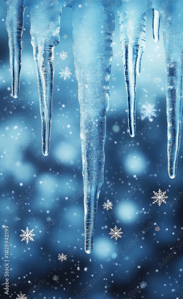 Icicles hanging in a winter wonderland with swirling snowflakes in soft blue tones. Icicles hanging in a winter wonderland with swirling snowflakes in soft blue tones.