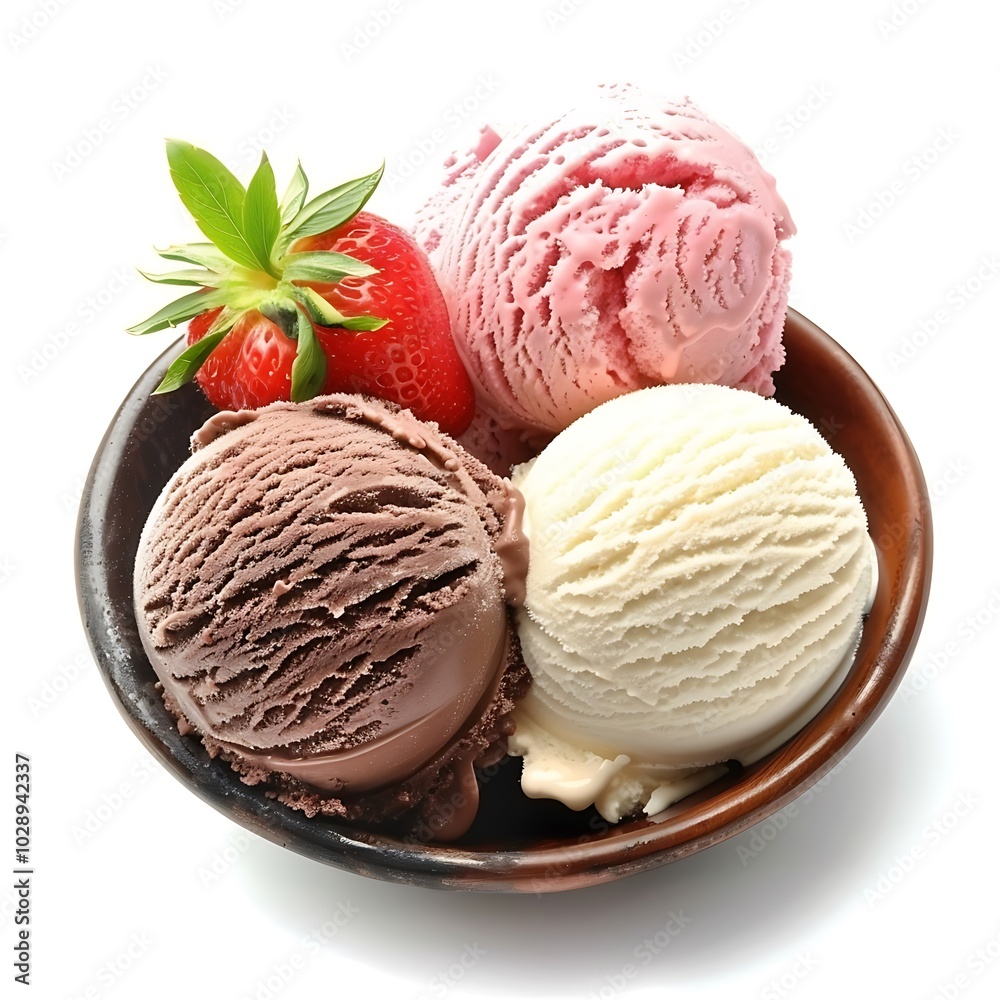Chocolate vanilla and strawberry ice cream isolated on white background Chocolate vanilla and strawberry ice cream isolated on white background