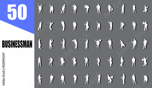 Set silhouette businessman man in suit with tie on a white background. white icons. elegant sign.