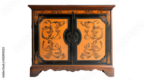 Vintage wooden cabinet with intricate carvings on the doors, showcasing elegant floral designs and a rich brown finish. Perfect for home decor.