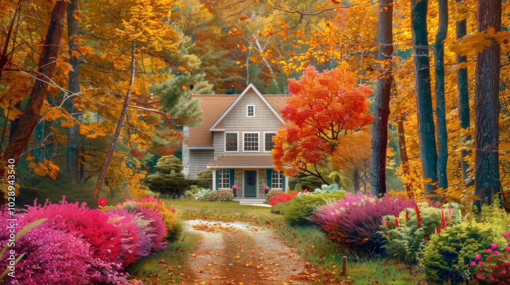 Obraz premium A cozy cottage with a red roof sits beside a vibrant autumn tree under a bright blue sky with fluffy clouds