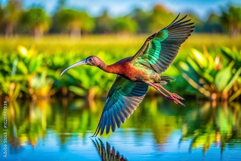 Naklejka premium Glossy Ibis in Flight Over Wetlands - Stunning Panoramic View of Avian Habitat