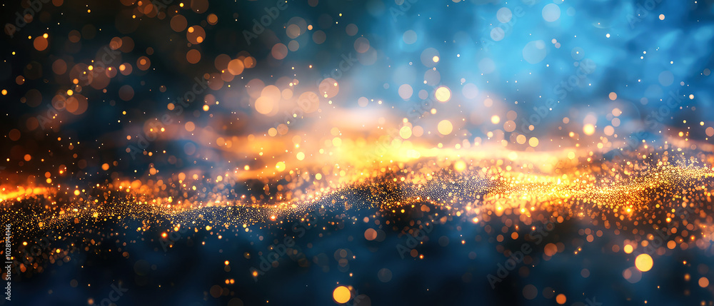 Shiny, glowing background with blue swirl of smoke, golden dust, shimmer, particles. Steam effect. Smoky mockup for celebrating. Generative ai Shiny, glowing background with blue swirl of smoke, golden dust, shimmer, particles. Steam effect. Smoky mockup for celebrating. Generative ai