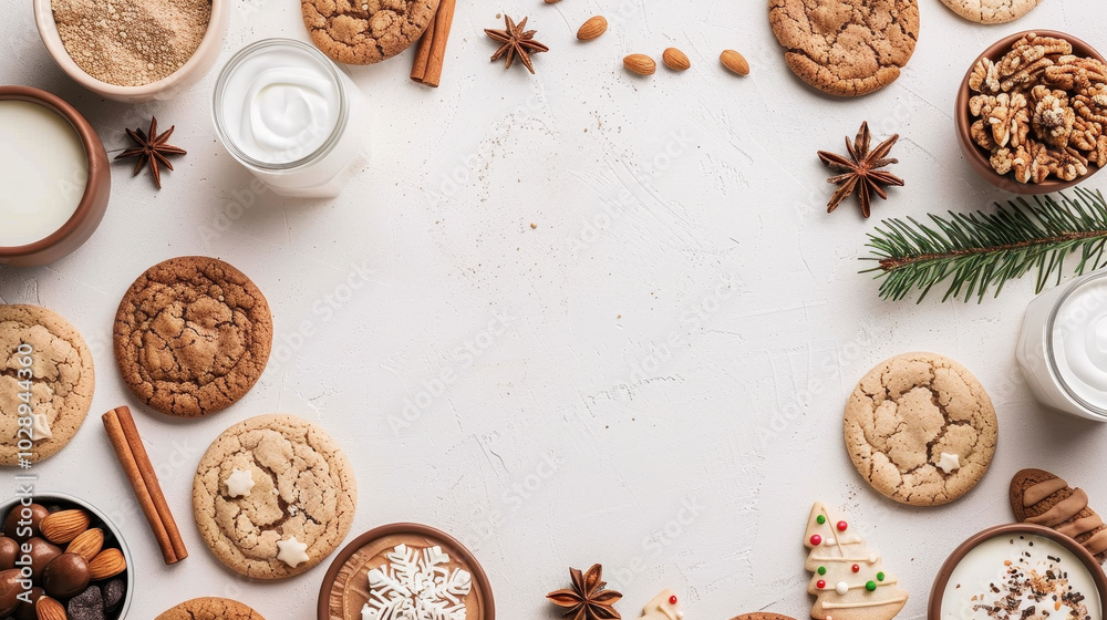 Fototapeta premium Festive Christmas cookies and treats arranged on light background create warm and inviting atmosphere. Perfect for holiday celebrations and gatherings