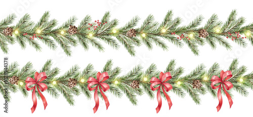 Watercolor decorative seamless border. Christmas red bows, green branches, garland with lights and pine cones. 