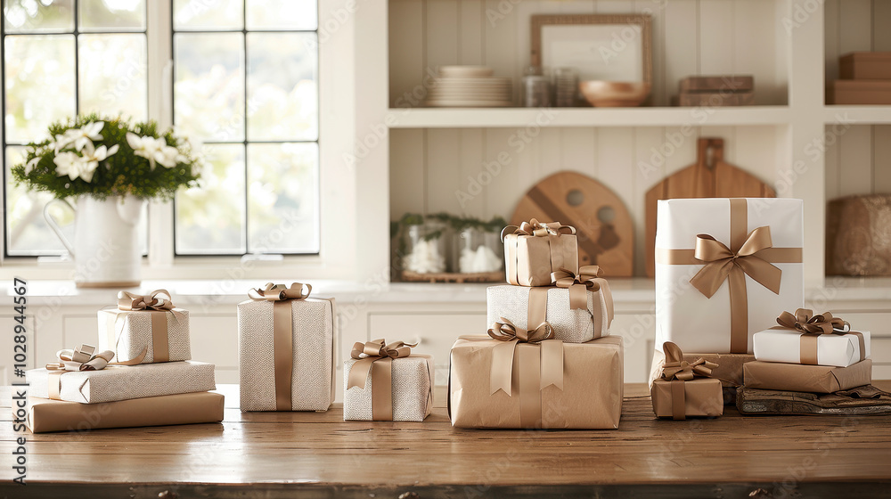 Festive gift wrapping scenes with beautifully wrapped presents adorned with ribbons and bows create warm and inviting atmosphere. Perfect for celebrations and special occasions Festive gift wrapping scenes with beautifully wrapped presents adorned with ribbons and bows create warm and inviting atmosphere. Perfect for celebrations and special occasions