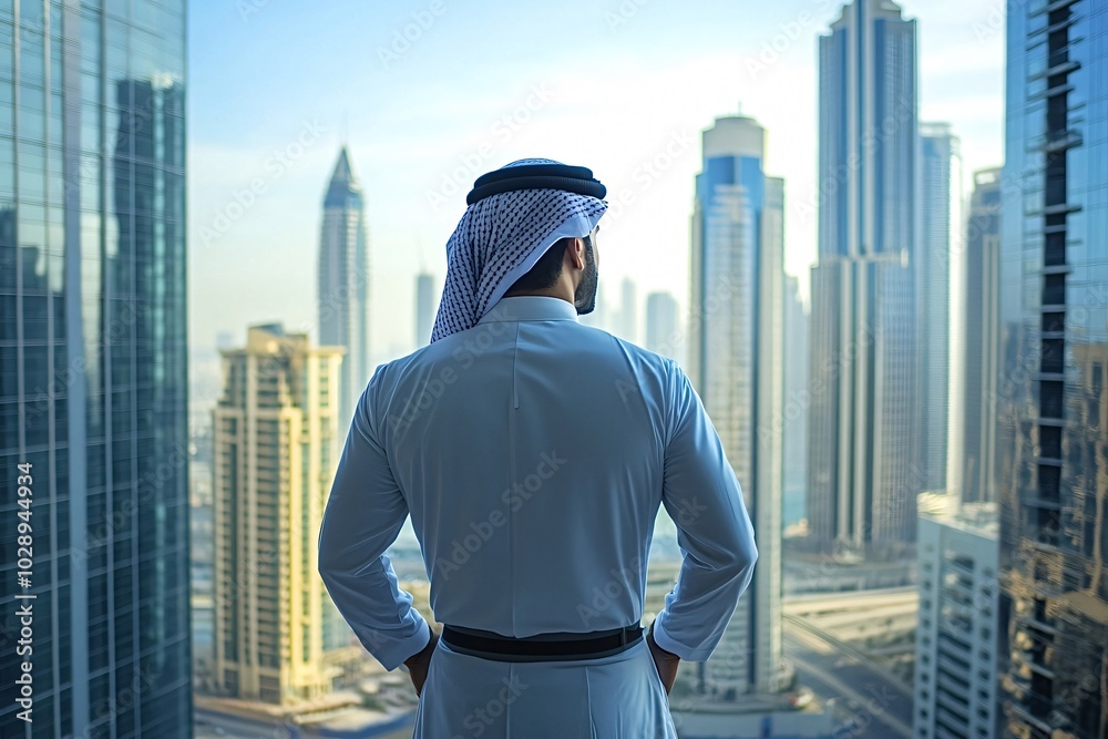 Arab businessman standing on a balcony overlooking dubai's skyscrapers with his hands in his pockets. The man is wearing a traditional white kandura and a gutra Arab businessman standing on a balcony overlooking dubai's skyscrapers with his hands in his pockets. The man is wearing a traditional white kandura and a gutra