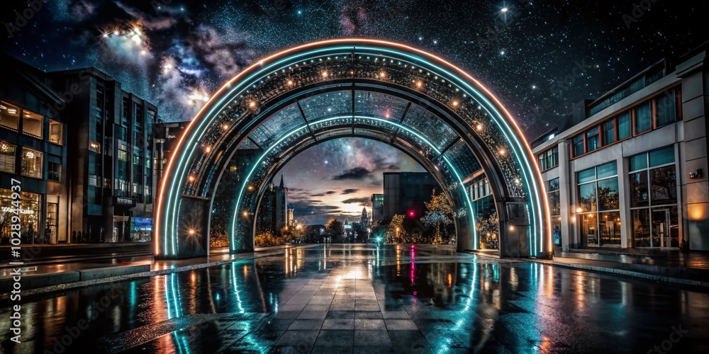 Obraz premium Glowing Neon Archway and Platform at Night - Futuristic Urban Landscape