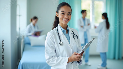 Young smiling female practicioner holding a chart in a hospital, with other medical professionals working in the background. Female Doctor With Stethoscope In Hospital Professional Medical Care