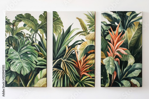 Oil paintings artwork, floral spring summer triptych, green tropical leaves