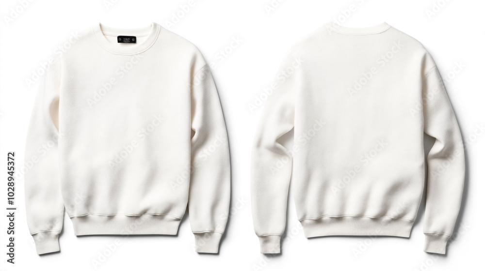 Front and back view of a plain white crewneck sweater on a clean, white background.