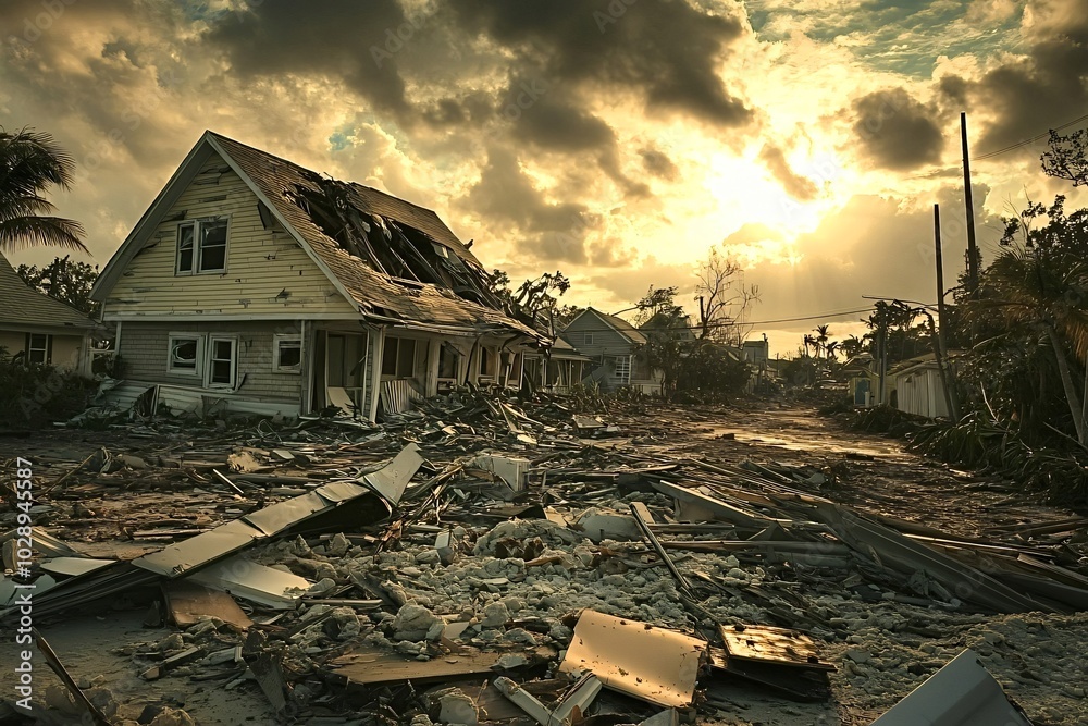 The sun is setting on a neighborhood that has been devastated by a powerful hurricane, leaving homes destroyed and debris scattered across the ground The sun is setting on a neighborhood that has been devastated by a powerful hurricane, leaving homes destroyed and debris scattered across the ground
