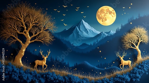 Contemporary Dark Blue Mural Wallpaper Featuring a Luxe Christmas Tree, Majestic Deer, Birds in Flight, and Golden Mountain Waves.