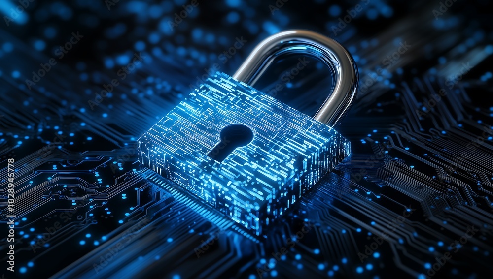 Close-up of secure digital infrastructure with glowing padlock on computer circuitry background.Generative AI Close-up of secure digital infrastructure with glowing padlock on computer circuitry background.Generative AI