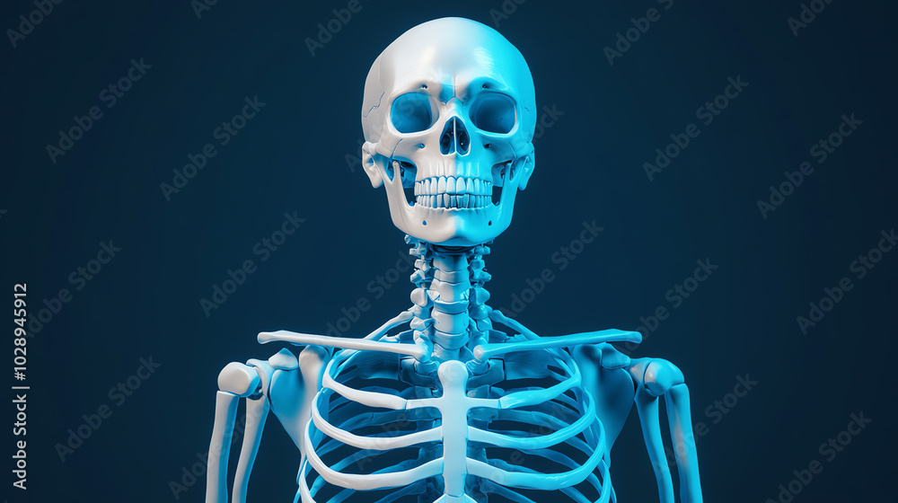A detailed view of a human skeleton against a dark blue background, highlighting the structure and anatomy. Perfect for educational and medical purposes. A detailed view of a human skeleton against a dark blue background, highlighting the structure and anatomy. Perfect for educational and medical purposes.