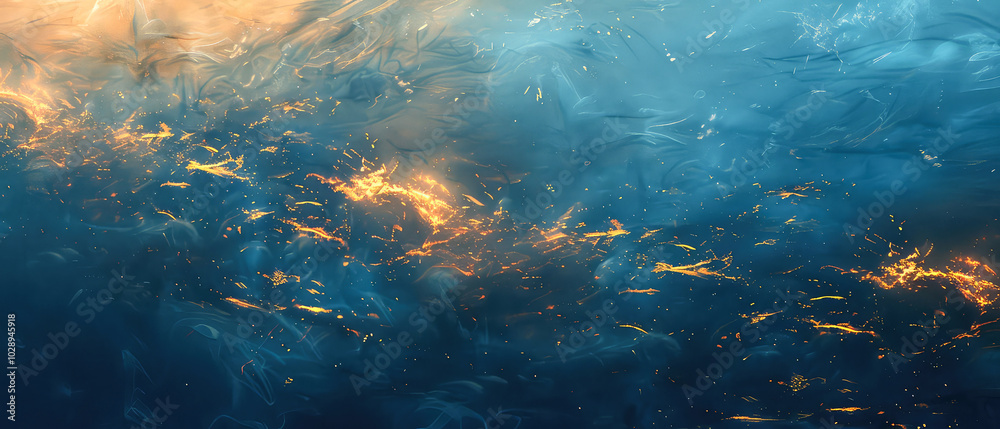 Obraz premium Shiny, glowing background with blue swirl of smoke, golden dust, shimmer, particles. Steam effect. Smoky mockup for celebrating. Generative ai