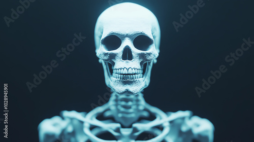 A detailed view of a human skeleton against a dark background, showcasing its intricate bone structure and features, symbolizing the study of human anatomy and biology.