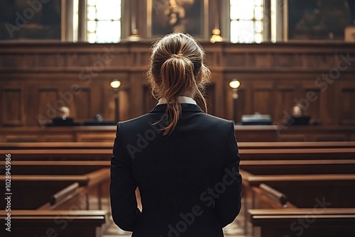 Confident female lawyer delivers closing arguments in wood-paneled courtroom, embodying professionalism and expertise. Law, justice, legal system, courtroom drama photo