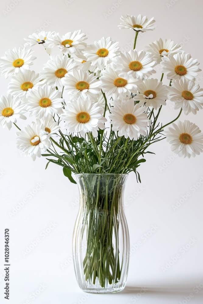 Elegant Bouquet of White Daisies in a Clear Glass Vase Against a Minimalist Background Elegant Bouquet of White Daisies in a Clear Glass Vase Against a Minimalist Background